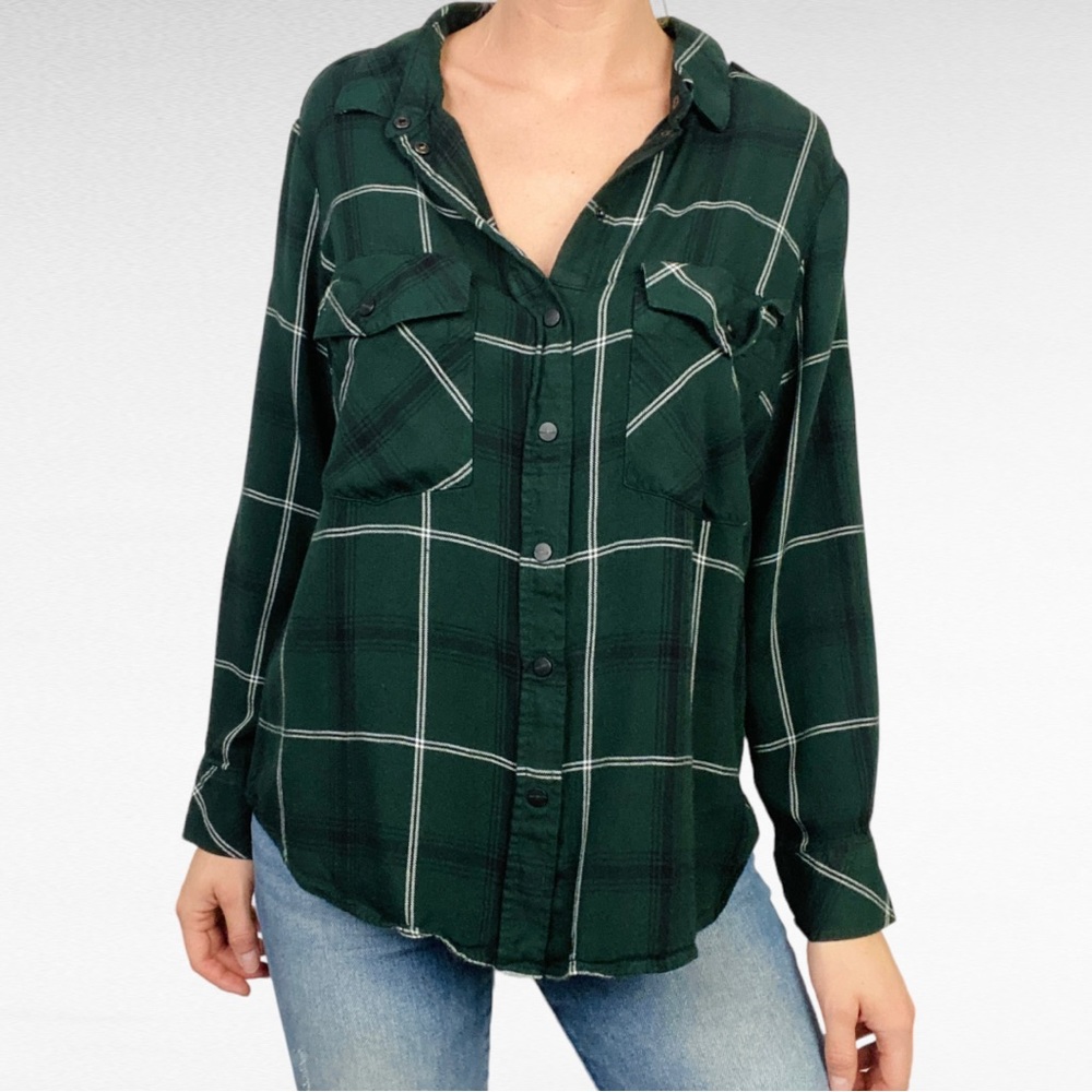 Sanctuary | Forest Green Windowpane Plaid Snap Button Down Boyfriend Shirt